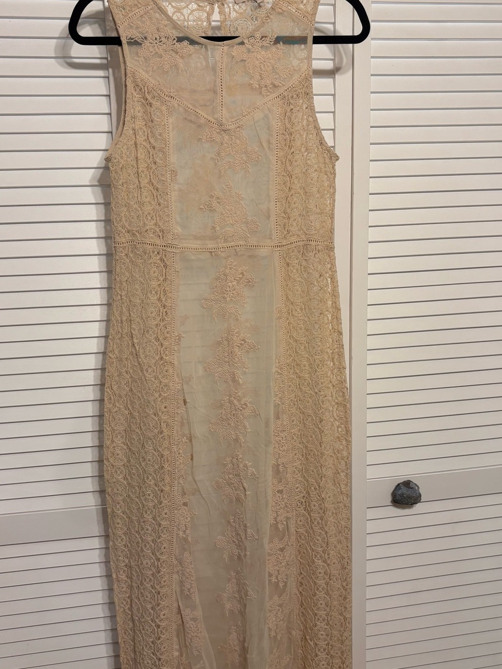 Forever 21 Beige Sheer Lace Maxi Dress with Floral Embroidery